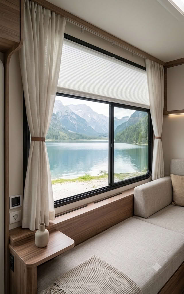 Gardine im Wohnwagen mit Seeblick