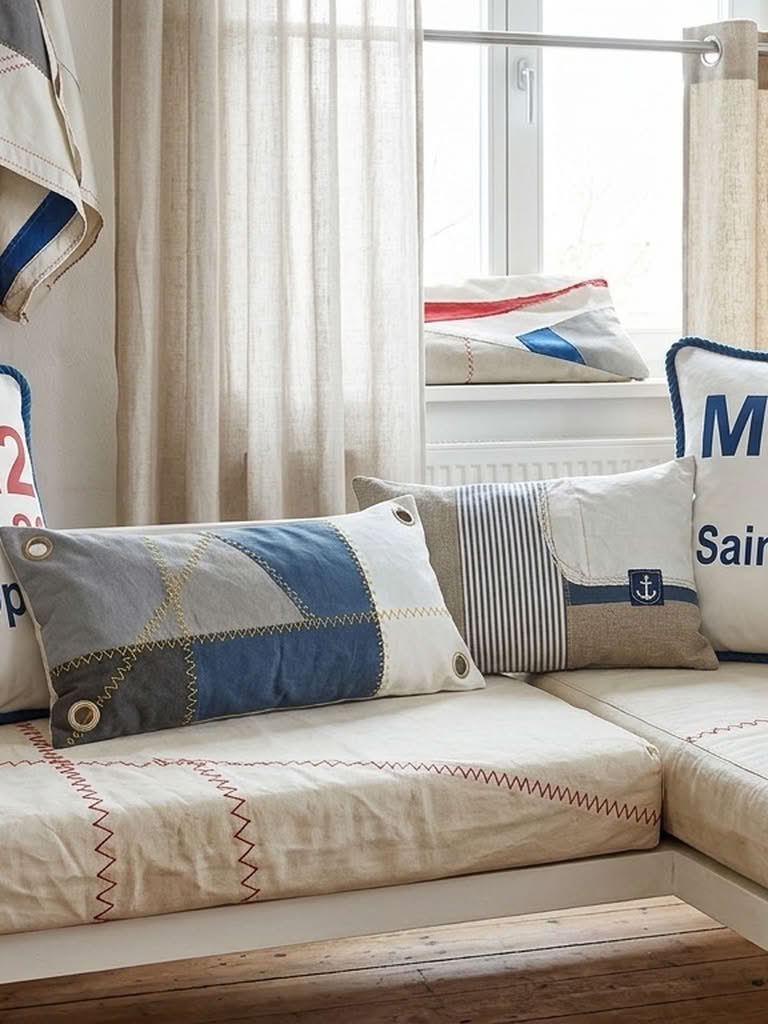 Maritime Kissen und Gardine im Bootsstil