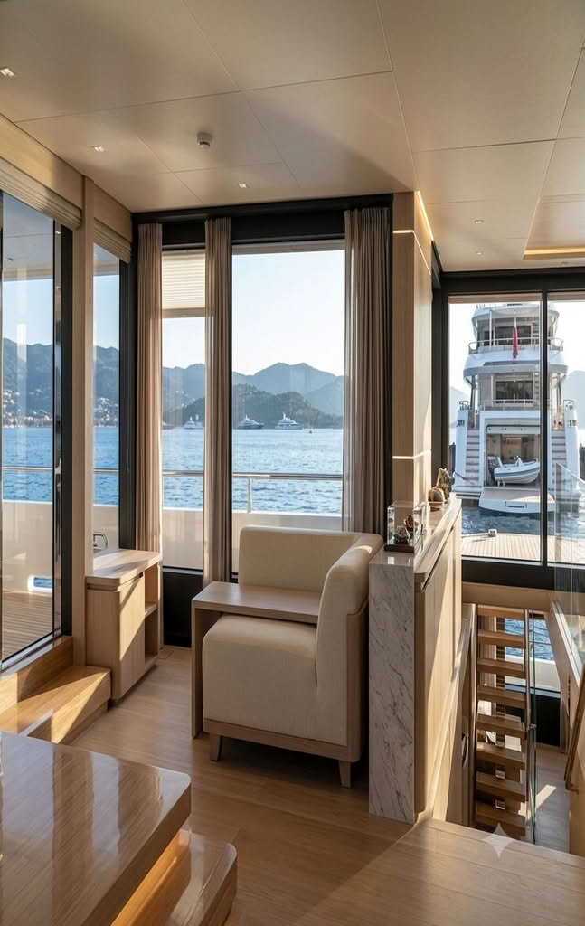 Gardine auf Yacht mit Hafenblick
